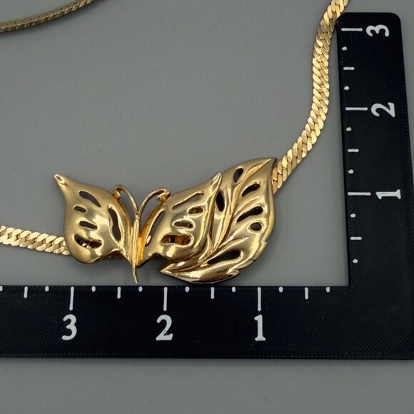 Vintage Gold-Tone Butterfly & Leaf Necklace With Textured Chain 16" - Picture 3 of 11